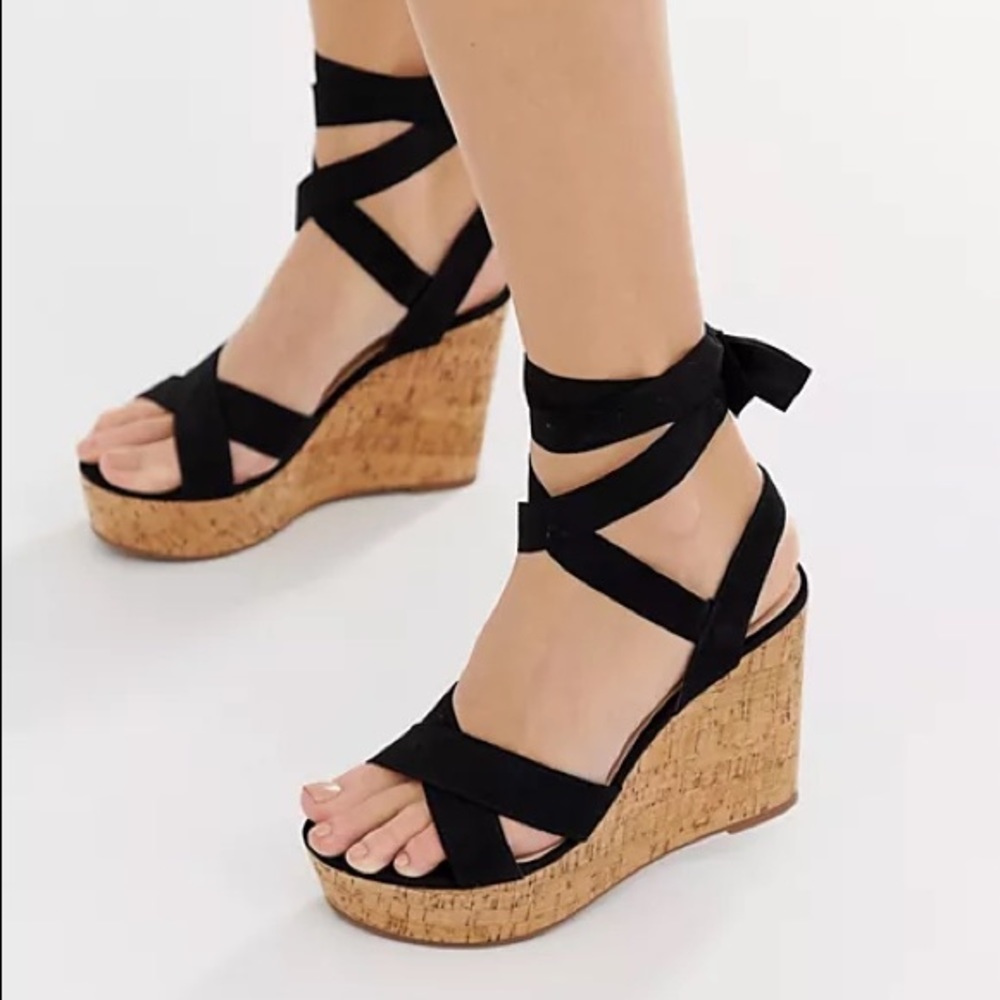 Truffle Collection Black Tie Ankle Cork Wedge Heel Sandals